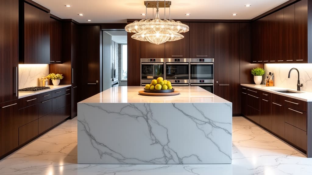 Sleek, modern luxury kitchen in Gold River, California with high-end appliances. The image highlights pristine countertops, stainless steel appliances, and a sophisticated design, conveying the quality and precision of high-end appliance repair services.