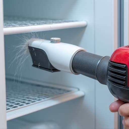 Refrigerator coil cleaning technician performing maintenance service in Sacramento. A technician is cleaning the coils of a refrigerator, ensuring optimal performance and energy efficiency. The image highlights preventative maintenance, professional service, and appliance care for homeowners in Sacramento.