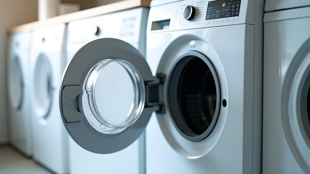 technician diagnosing a washing machine in a home laundry room