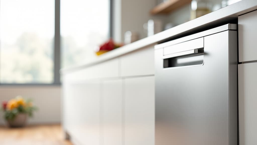 Roseville California Dishwasher Repair Service Banner Background. Residential kitchen with a modern dishwasher, clean and ready for service, representing efficiency and reliability.