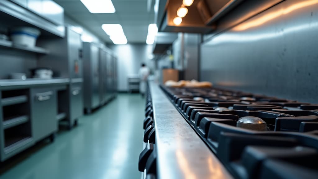 Commercial kitchen with large stainless steel appliances and a chef working, showcasing efficient operations in Sacramento, CA.
