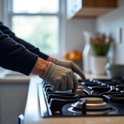 Fair Oaks oven and stove repair expert inspecting a gas range in a residential kitchen