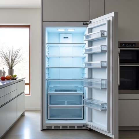 Appliance repair technician servicing a high-end refrigerator in an El Dorado Hills home, symbolizing luxury appliance repair focus. Modern kitchen setting.