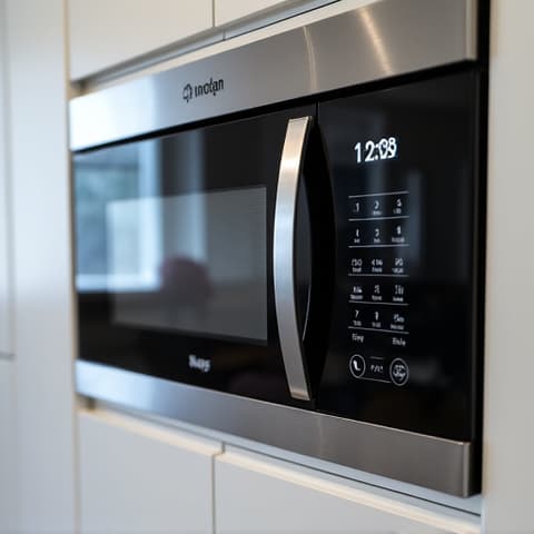 Technician working on a built-in microwave oven, addressing electrical components. This specialized repair was conducted in Gold River, CA, showcasing our versatility with various kitchen appliance types.