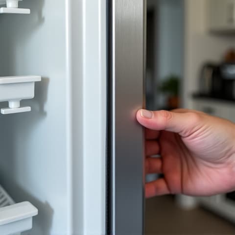 Built-in Refrigerator Door Seal Replacement Roseville CA: Technician replacing the door seal of a built-in refrigerator. Appliance repair expert carefully installing a new door gasket on a built-in refrigerator to improve energy efficiency and prevent leaks.