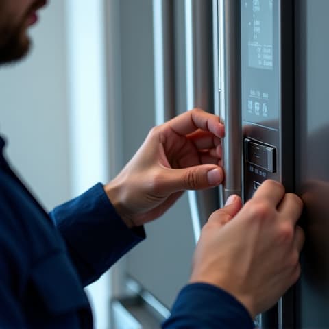 Built-in Refrigerator Panel Repair Sacramento. Technician meticulously working on the electric panel of a built-in refrigerator, showcasing precision and expertise for integrated kitchen appliances.