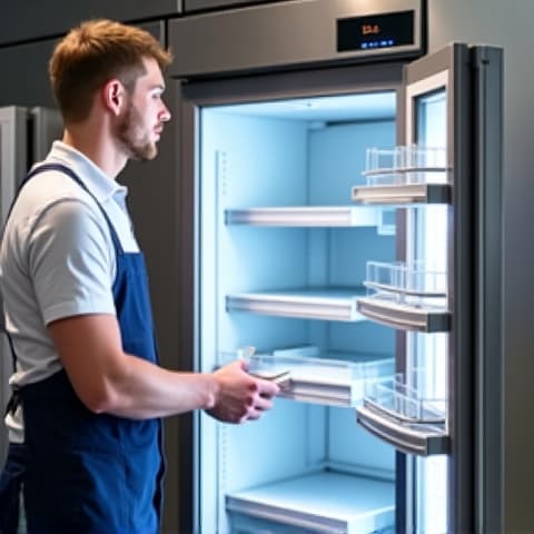 Commercial Refrigerator Maintenance in Sacramento. Technician performing preventative maintenance on a commercial-grade refrigerator in a business setting, ensuring optimal performance for local enterprises.