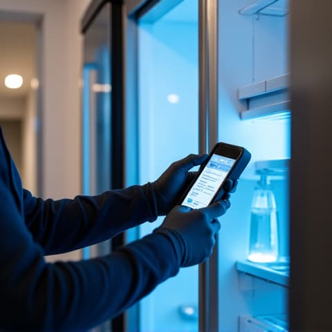 Advanced Diagnostic Tool for Refrigerator Repair Sacramento. Close-up of a technician using a digital diagnostic tool on a refrigerator, showcasing modern and efficient troubleshooting methods.