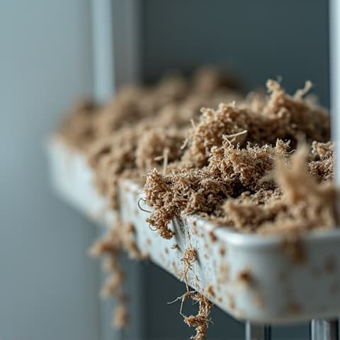 Close-up of heavily caked, dirty refrigerator condenser coils before cleaning, highlighting the need for maintenance in a Sacramento residence.
