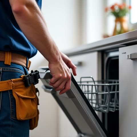 Technician performing a post-repair check on a newly repaired dishwasher in a Sacramento home, ensuring proper installation and leak-free operation. Quality control after every dishwasher service.