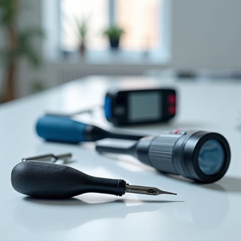 A collection of specialized tools used by experts for refrigerator coil cleaning and maintenance in Sacramento, California.