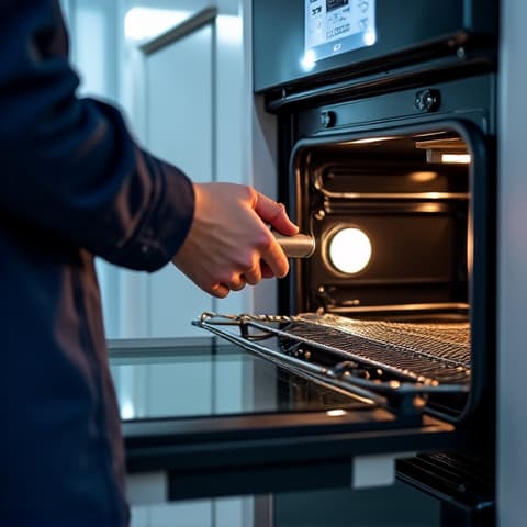 Samsung oven repair in Empire Ranch, Folsom. Technician inspecting a Samsung electric oven for heating issues.