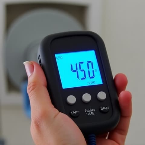 A technician performing airflow velocity testing on a dryer vent in Sacramento after cleaning, using specialized equipment to measure improved air circulation for optimal performance and safety.