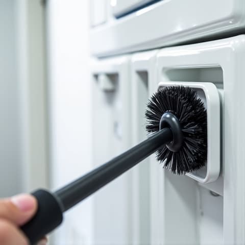 A technician using an industrial rotary brush to clean a dryer vent, effectively removing stubborn lint and debris for maximum fire safety and efficiency in Sacramento homes.