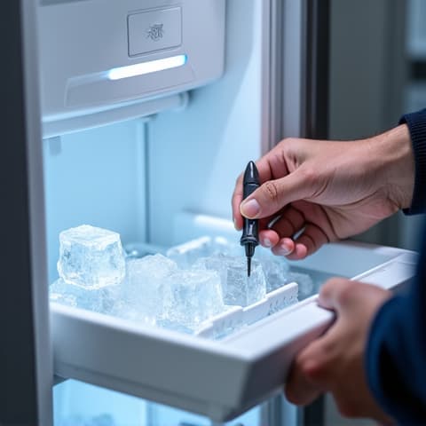 Ice Maker Diagnostic at an Old Sacramento Home. Technician troubleshooting an ice maker issue in a modern kitchen, highlighting efficient and local refrigerator repair services in the historic Old Sacramento area.