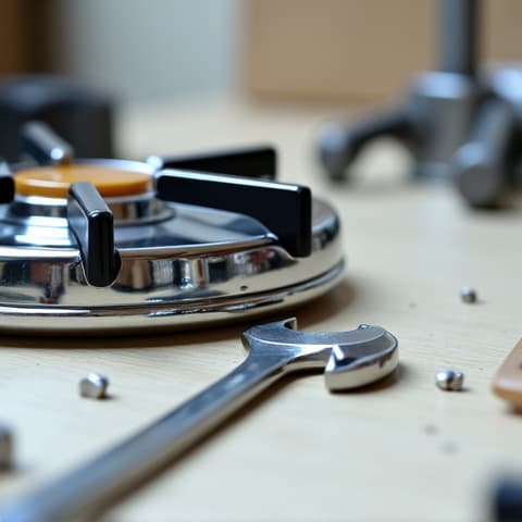 Servicing a unique La Cornue stove top in a custom-designed Roseville kitchen, demonstrating specialized repair expertise.
