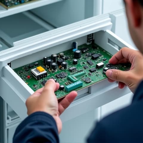 Miele Refrigerator Repair Roseville: Technician inspecting the circuit board of a Miele refrigerator. Precision technician with a multimeter checking the electrical connections and circuit board of an advanced Miele refrigerator, emphasizing diagnostics and technical skill.