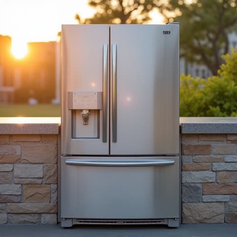 Outdoor Kitchen Fridge Repair in Golden 1 Center Area. Technician repairing an outdoor refrigerator, showcasing versatile service capabilities for various chilling units, close to Sacramento