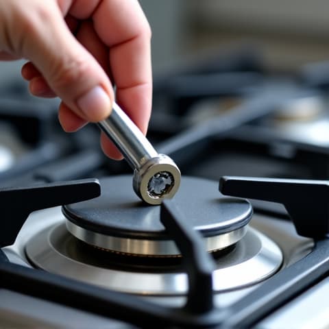 Oven repair Elk Grove Commons gas range burner fix. A professional technician is repairing a gas range burner in a modern kitchen, ensuring safety and functionality for a home near Elk Grove Commons.