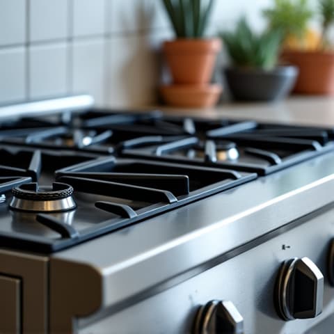 Professional range clean Elk Grove sparkling kitchen. A sparkling clean professional range after service, enhancing the aesthetic and hygiene of an Elk Grove kitchen.