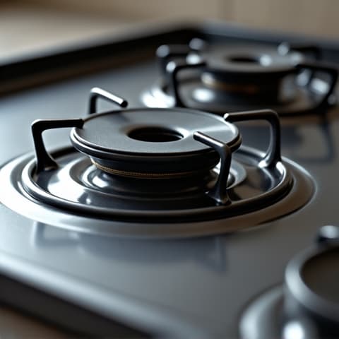 Range burner grate reconditioning in Rancho Cordova. Technician cleaning and restoring burner grates on a used range, enhancing its appearance and promoting efficient heat distribution.