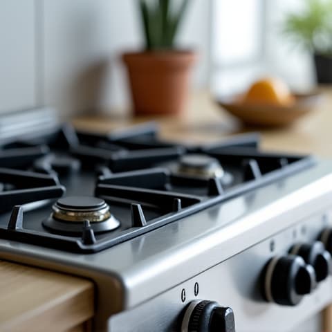 Sub-Zero range repair in Roseville, adjusting a burner. Close-up of a technician meticulously adjusting a high-end Sub-Zero range burner, ensuring precise flame control and even cooking.