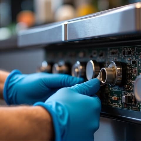 Wolf range control board replacement in Sacramento. A certified technician replacing the intricate control board of a premium Wolf range, restoring advanced cooking features and functionality.