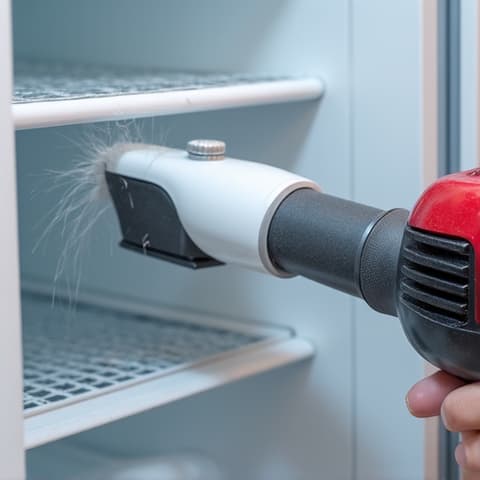 Before and after of refrigerator coil cleaning, showing a technician cleaning dusty coils for improved efficiency in a Sacramento home.