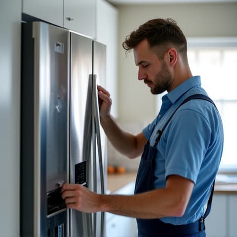 Rocklin appliance repair technician performing refrigerator repair in a modern Whitney Ranch kitchen