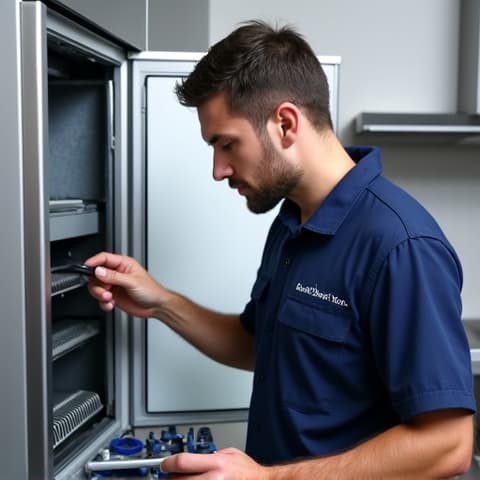 Roseville Commercial Refrigerator Maintenance: Specialist performing routine maintenance on a commercial refrigerator. Appliance technician conducting preventative maintenance on a large commercial refrigerator unit, cleaning coils and checking temperatures to ensure optimal performance.