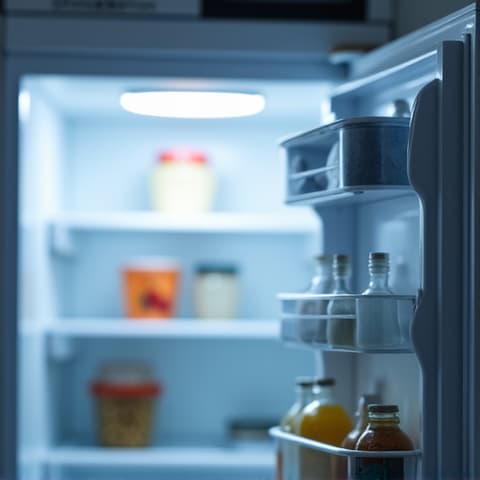 Roseville French Door Refrigerator Repair: Technician performing diagnostic service on a French door refrigerator. Skilled appliance technician examining the interior of a French door refrigerator, troubleshooting a cooling issue, demonstrating professional electrical and mechanical diagnostic tools.