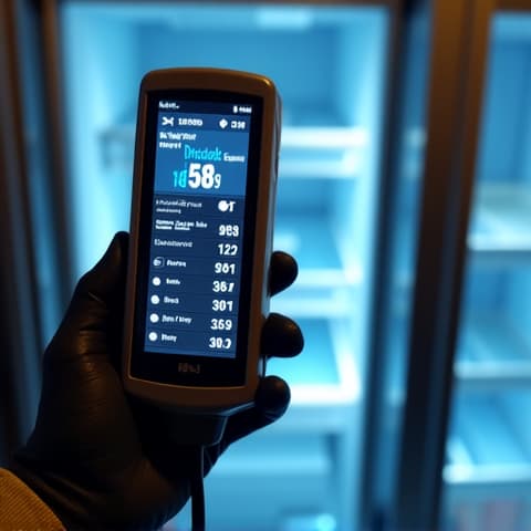 Refrigerator Repair Diagnostic in East Sacramento. Technician inspecting a built-in refrigerator with advanced diagnostic tools, ensuring precise issue identification for a rapid repair in a residential kitchen.