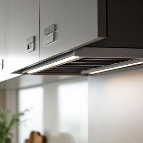 Technician replacing a Viking range hood blower motor in a modern Sacramento kitchen. Professional vent hood performance restoration in Gold River.