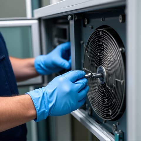 Sub Zero Freezer Repair Roseville: Technician performing maintenance on a built-in Sub-Zero freezer. Certified technician focusing on the internal components of a Sub-Zero freezer unit, showcasing attention to detail and specialized tools for high-end appliance care.