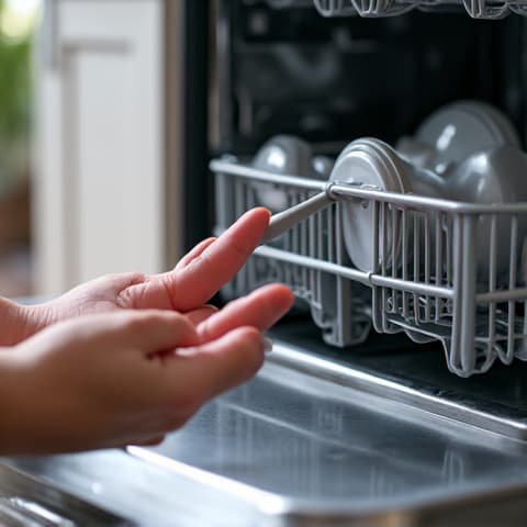 Skilled technician diagnosing a dishwasher drainage issue in a Sacramento kitchen, checking the pump and filter for clogs near Northgate Blvd. Fast fixes for dishwasher drainage problems.