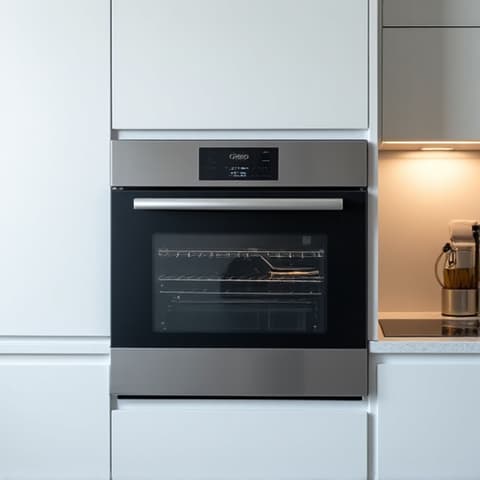 Appliance repair technician repairing an oven in a pristine El Dorado Hills kitchen, highlighting stove and oven repair services. Professional work, clean environment.