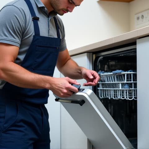 Appliance repair technician servicing a built-in dishwasher in an El Dorado Hills home, emphasizing full kitchen appliance service. Focus on details and tools.