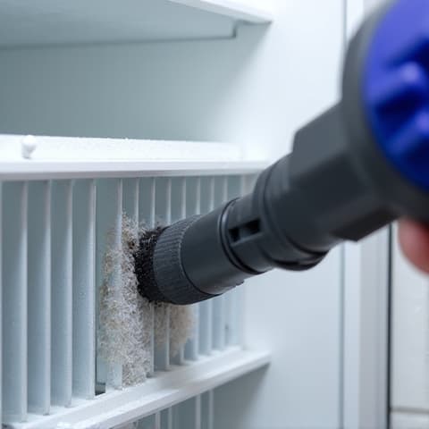 A trained technician using a specialized vacuum to meticulously clean refrigerator coils, ensuring thorough dust and debris removal.