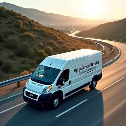 Branded service truck traveling on Highway 50 near El Dorado Hills, illustrating rapid response and wide service area coverage. Highway scenery.