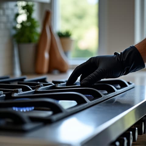 Viking gas cooktop repair in a Gold River custom kitchen, performing a thorough gas line safety check and burner cleaning.