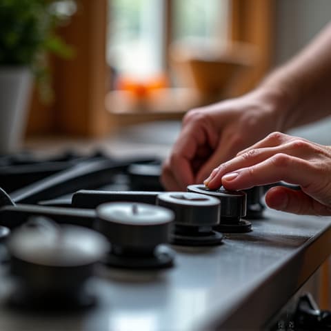 Viking range repair Elk Grove custom settings. A technician meticulously repairing a Viking range, adjusting its complex settings to perfection in an Elk Grove residence.