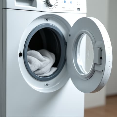 Specialist inspecting a high-efficiency washer and dryer in an El Dorado Hills laundry room, demonstrating expertise in laundry appliance repair. Bright, organized space.