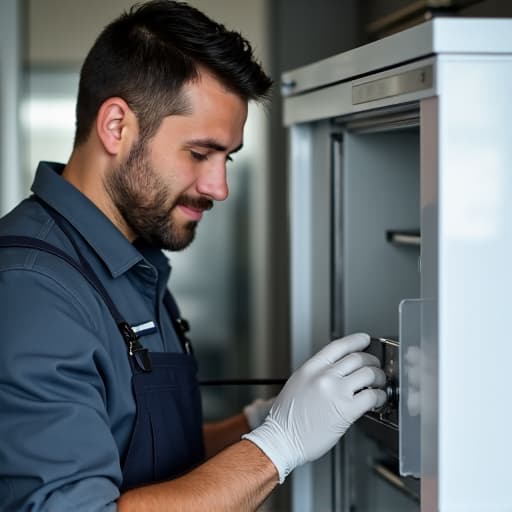 Certified technician repairing a Sub-Zero fridge in a Folsom kitchen with local landmark