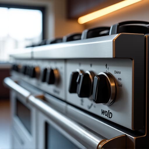 A close-up of a technician servicing a professional-grade Wolf range, emphasizing the intricate work required for high-end cooking appliances.