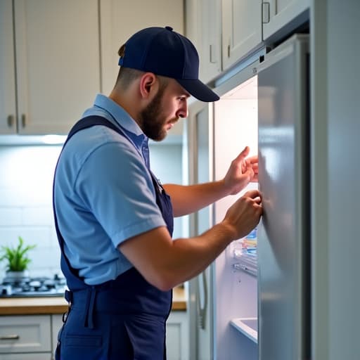 Woodland appliance repair technician checking refrigerator compressor in a residential home