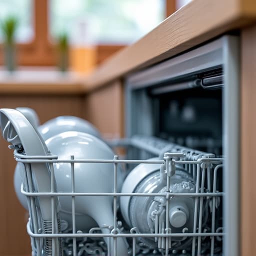 Woodland dishwasher repair technician diagnosing hard water issue in a modern kitchen