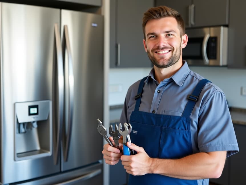 appliance repair technician working on refrigerator in a home kitchen in Arcade CA