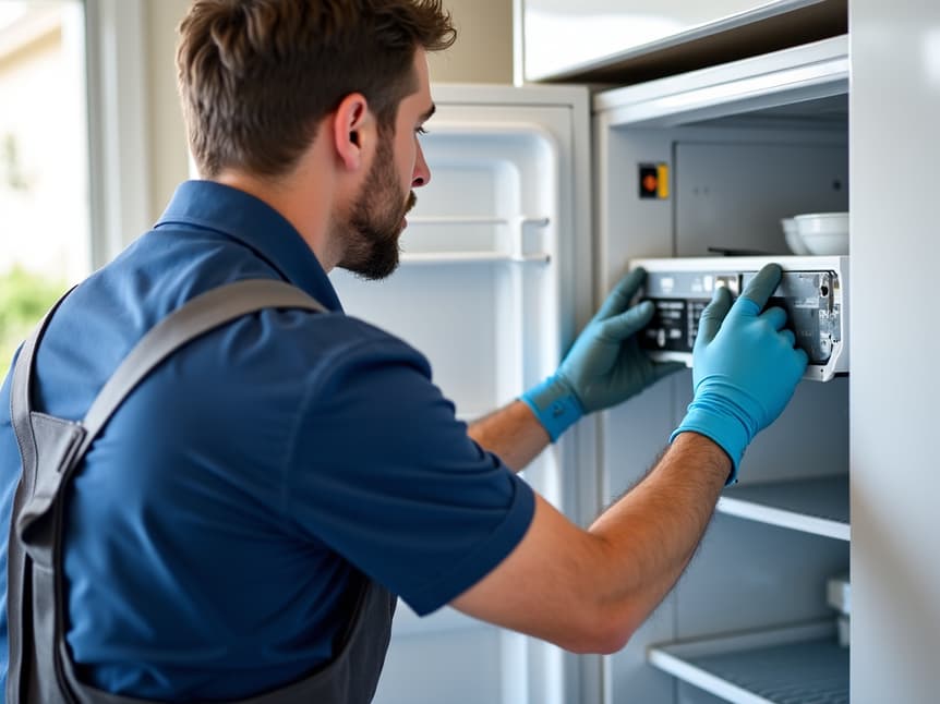 appliance repair technician fixing a refrigerator in Auburn CA home