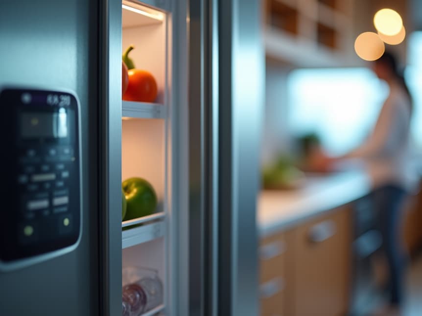 Clean and modern kitchen interior with a stainless steel refrigerator