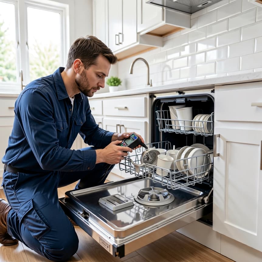 Expert technician repairing a dishwasher in a Folsom home